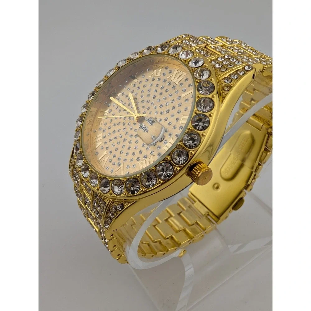 Men's Quartz‎ Watch Gold Tone Bling 43mm Case 7.5